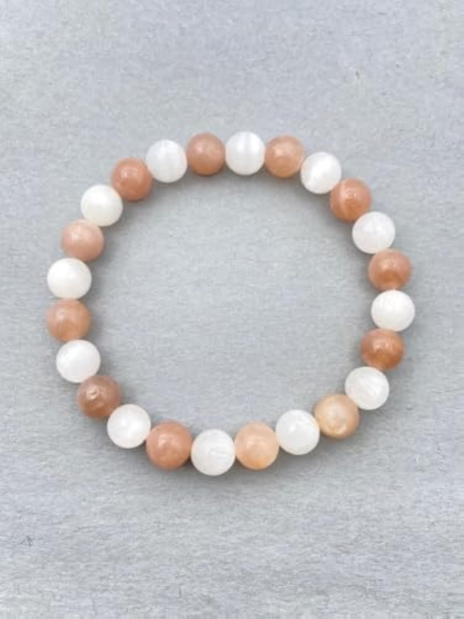 Natural Selenite & Moonstone 8mm Round Bead Stretchable Bracelet, Unisex