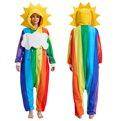 ZUUKTHO Rainbow Onesie Pajamas with Sun-Shaped Hood Detachable Cloud Colorful Halloween Costume Jumpsuit for Adults