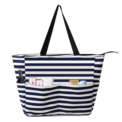 GTNCE Bolsa de playa grande para mujer con cremallera, impermeable, a prueba de arena, XXL, plegable, 45 x 36 x 17 cm, bolso bandolera ligero para playa, viajes, piscina, vacaciones (rayas azules)