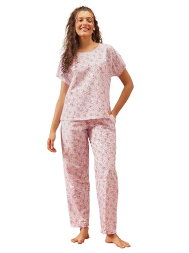 Image of Clovia Women's Floral Print T-Shirt & Pyjama Korean Night Suit for Girls | Rayon Korean Night Dress Set | Comfortable Multicolor Sleepwear