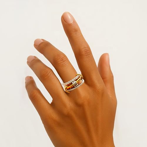Stackable Rings for Women Non Tarnish,Dainty 18k Gold Plated CZ Cubic Zirconia Rings,Silver and Gold Rings Set,Multi-Link Connected Rings2