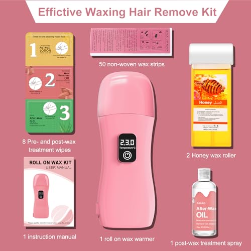 Image of Roll on Wax Kit for Hair Removal - Wax Roller with Digital LED Display, Waxing Kit for Hair Removal for Women, Safe No-Burn At-Home Waxs Warmer, 2 Soft Honey Cartridges & 50 Strips