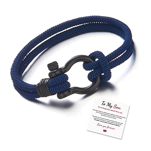 To My Son Bracelet I Will Always Be With You Bracelet Vintage Horseshoe Buckle Handmade Braided Leather Wristband Nautical Bracelet Inspirational Bracelet Gift For Son (Navy Blue-To My Son) #TOP8