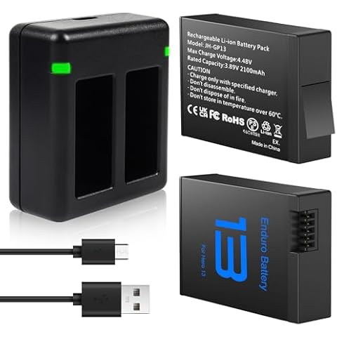 REYTRIC Upgrade 2-Pack 2100mAh Hero 13 Replacement Batteries for GoPro Hero 13 Black with 2-Channel Battery Charging Station Fully Compatible with GoPro Hero 13 AEBAT-201 AEBAT-001 AEDBD-201 Battery Cover