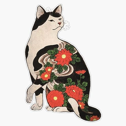 Antique Japanese Woodblock Print Cat with Flower Tattoos Bumper Sticker Vinyl Decal 5"