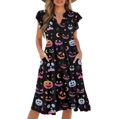 Image of Women's Casual Ruffle Sleeve Dress V Neck Pullover Dress Flowy A-Line Pleated Lightweight Dress with Pockets