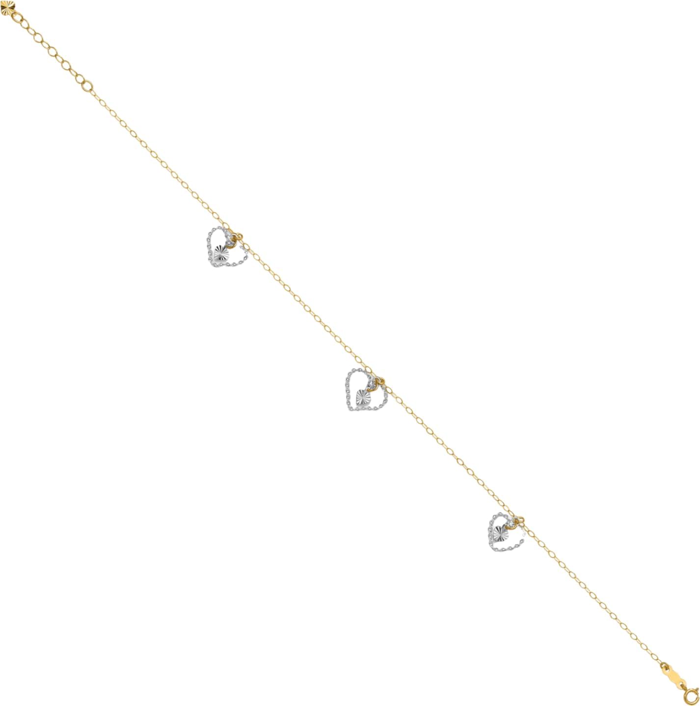 IceCarats 14K Solid Two Tone Gold 1mm Dainty Cable Chain Twisted Heart Bracelet Anklet 9 Plus 1 inch Diamond Cut For Her