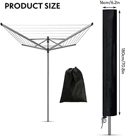 Rotary Washing Line Cover, 180x16x16cm Rotary Airer Cover With Zip Large 420D Oxford Fabric Anti-UV Clothes Airer Protective Cover Waterproof Clothes Airer Cover with Storage Bag, Black