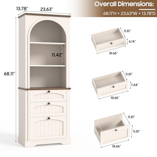 Image of Bookshelf with File Drawers for Letter /A4 /Legal Size Hanging Files, 68 inch Tall Farmhouse Bookcase with 3-Tier Open Shelves, Wood Floor Display Storage Cabinet for Home Office, Living Room, Rustic White