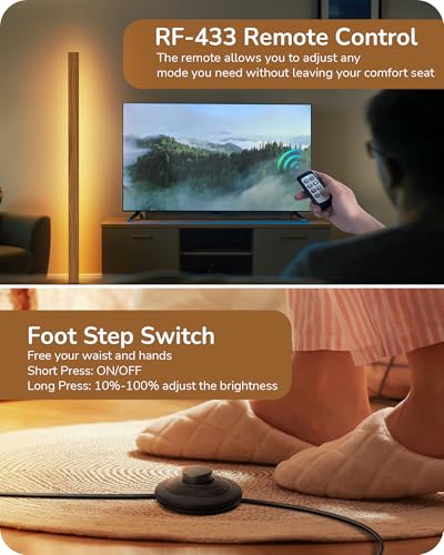Image of EDISHINE 48.43 inch Wooden LED Corner Floor Lamp with Remote, Dimmable & 7CCT | 2700K-6000K, Foot Switch, Mid Century Modern Floor Lamp for Living Room, Bedroom, Office, Light Brown