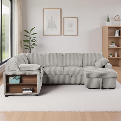 Image of ERYE 117-Inch Oversized U-Shaped Pull Out Sleeper Couch Bed, Modern U Shaped Sleeper Sectional Sofa Corner Convertible Sofa Bed with Storage Chaise and Cabinet for Living Room