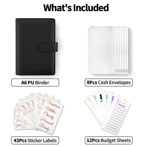 Sooez Money Organizer For Cash, A6 Budget Binder With Zipper Envelopes, Shiny Rose Gold Sticky Labels & Extra Thick Expense Sheets, Money Saving Binder Cash Envelopes System For Budgeting, Black #TOP1