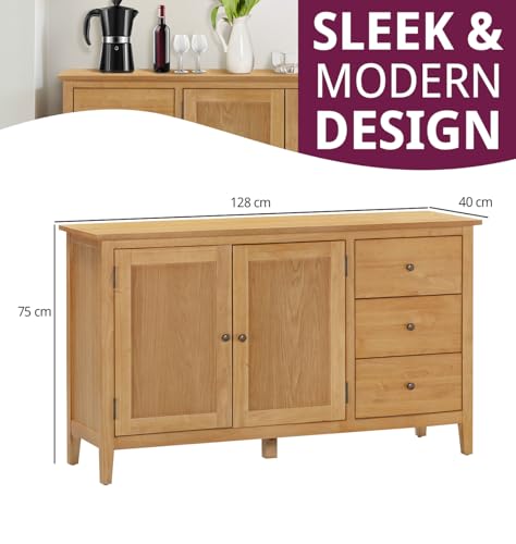 Hallowood Furniture Aston Large Sideboard Cabinet With Cupboard, 3-Drawer Wooden Sideboard Storage Cabinet, Ready-Assembled Light Oak Sideboards For Living Room, Kitchen Or Bedroom - 2