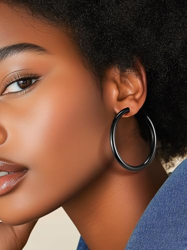 Image of Stainless Steel Chunky Hoop Earrings For Women, Minimalist and Chic, Black /Gold Plated, Round Hoops Earrings Hypoallergenic, Size: 30mm /40mm /60mm /80mm, Come with Box