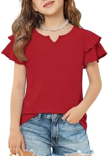 Arshiner Girls Red Shirts Little V Neck Tops Ruffle Sleeve Girl Clothes Casual Blouses for Kids Dressy Summer Soft Tee 7-8 Years