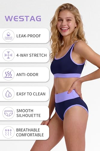 Image of Period Swimwear Two Piece Leakproof Swimsuit Menstrual High Waist Bikini Sets Color Block Bathing Suit for Teen Girls