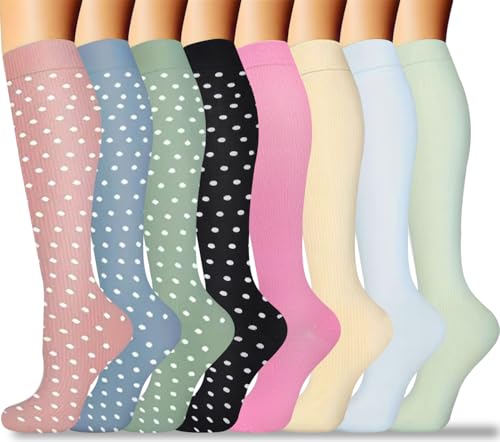 8 Pares Calcetines de Compresión (15-20 mmhg) Hombres Mujeres Soporte Medias Compresión para Atletismo Running Enfermeras Viajes Vuelo Varices