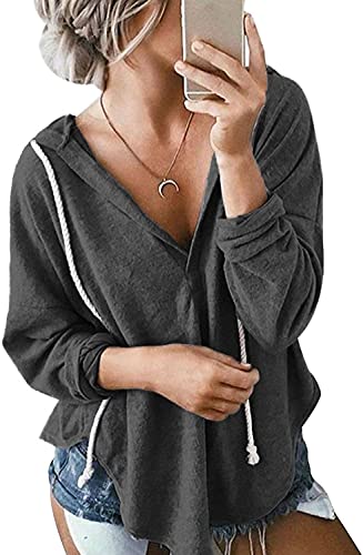 Image of Womens Long Sleeve V Neck Hoodie Sweatshirts Lightweight Pullover Tops
