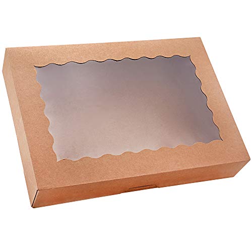 Tcoivs 20-Pack Bakery Boxes with Window, 14\" x 10\" x 2.5\", Large Cookie Boxes, Auto-Popup Treat Boxes for Donuts, Pies, Cakes, Muffins, and Pastries (Brown)