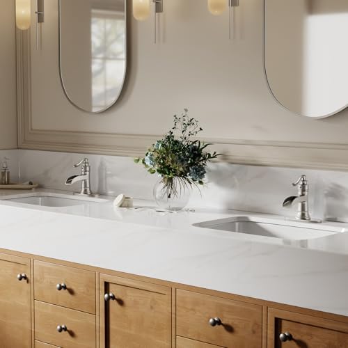 Bathlavish Bathroom Faucet Brushed Nickel Waterfall with Pop Up Drain Stopper Single Handle Vanity Sink Faucets One Hole Lever Satin Basin with Overflow Vintage Commercial Supply Line