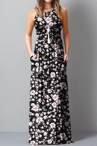 Image of EUOVMY Women's Sleeveless Dress Casual Plain Loose Summer Long Maxi Dresses with Pockets