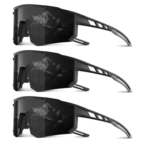 3 Pack Polarized Sports Sunglasses Men Women, Running Mens Sunglasses UV Protection for Baseball Cycling Fishing A05-grey/Grey/Grey