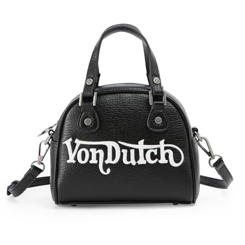 Von Dutch Bowling Bag Purse, Small Bag Crossbody Strap and Top Handles, 8" L x 7" H x 7.5" W, Y2K Purse (Black and White)