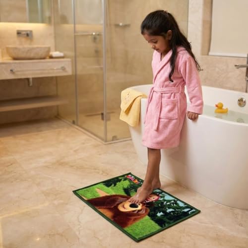 Image of Athom Living Cartoon Printed Themed Multi Colored Kids Premium Nylon Bathmat, with Latex Backing, Anti-Slip Bathmat, 37 x 57 cm, Pack of 1 (Masha and The Bear)