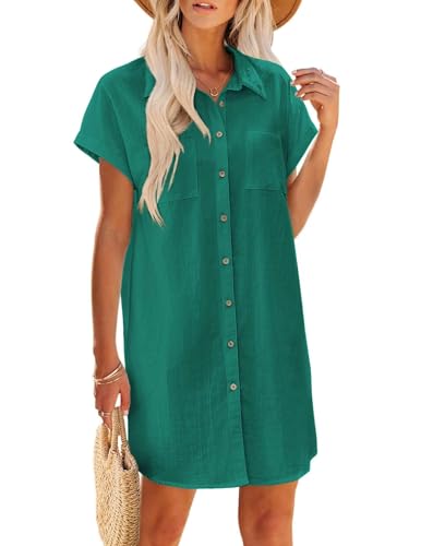 Image of Zeagoo Summer Dresses for Women 2026 Cotton Button Down Short Sleeve Tshirt Dresses Casual Mini Beach Dress