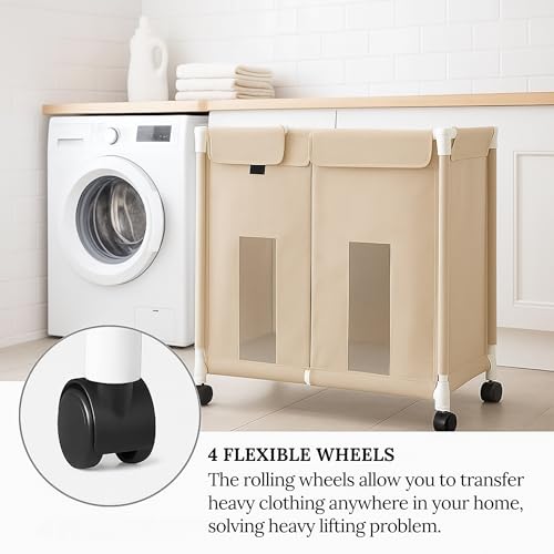 Image of 2-Section Laundry Basket with Wheels | Large 130L Rolling Hamper with Lid Cover | Foldable Oxford Fabric Laundry Organizer for Clothes Sorting | Durable, Dustproof & Portable (Off-White)