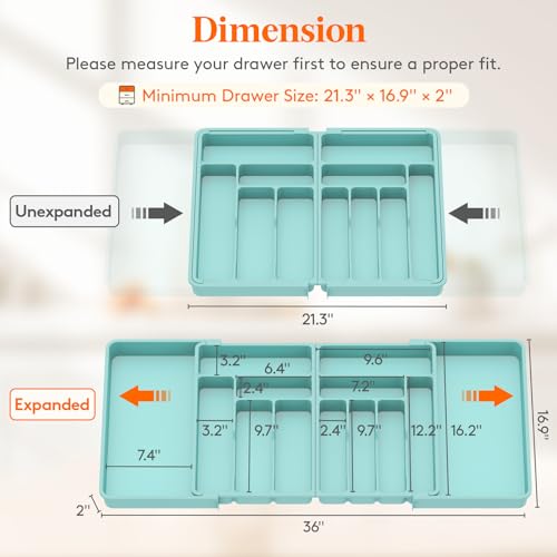 Lifewit Extra Large Cutlery Drawer Organsier, Extendable Utensil Tray for Kitchen, Silverware and Flatware Holder, Compact Plastic Storage for Spoons Forks Knives, 54-91x43cm, 13 Sections, Turquoise