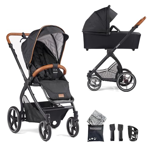 Gesslein Kinderwagen FX4 STYLE, Baby Erstausstattung (leichtes Kinderwagen Set, Liege- und Sitzoption, individuell einstellbar, Fünf-Punkt-Sicherheitsgurt, Kinderwagen 3 in 1, mit Handbremse), Schwarz