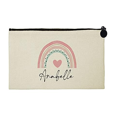 Print Maniacs Personalised Large Pencil Case Canvas Kids Boys Girls Back to School Office Stationary Make Up Organizers Heart Rainbow Bag (with Name) Cover