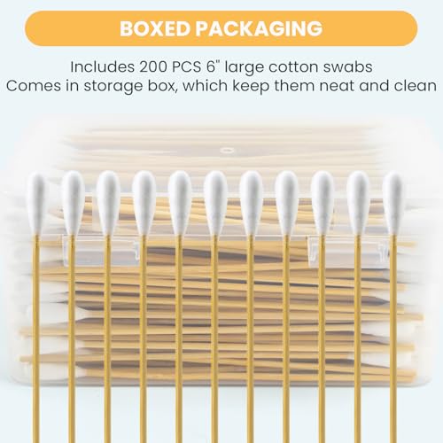 Image of 200PCS 6 Inch Cotton Swabs (Large Cotton Head) in Storage Box | Extra Long, Bamboo Handle, Soft, Lint Free, Highly Absorbent Single Tipped Applicators for Dog Care, Makeup & Home Cleaning