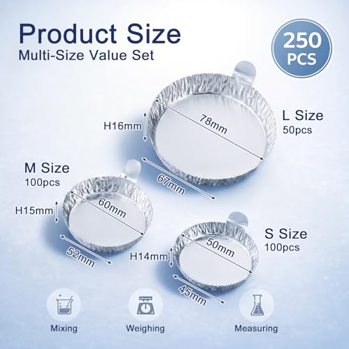 Image of 250 Pcs Aluminum Foil Weigh Boats Multi-Size (50L, 100M, 100S), Disposable Sample Pans with Handle for Lab Moisture Analyzers, Analytical Balance, Epoxy Resin, Powder & Liquid Weighing