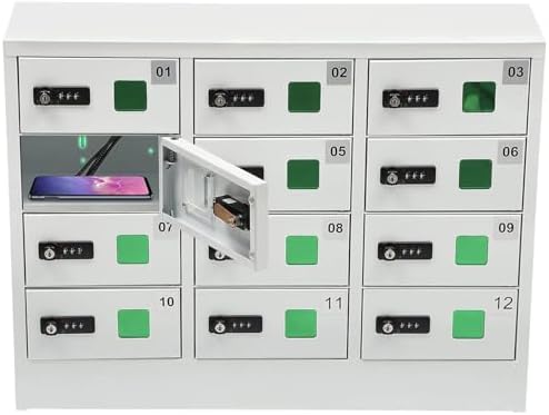Mobile Phone Locker with Charging Station - Steel Cabinet with Combination and Key Lock for Students and Employees, 12 Bays,