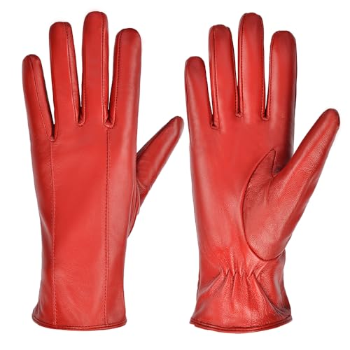 MGGMOKAY Guantes de Cuero para Mujer Pantalla Táctil con forrado de Cachemir guantes de Piel de Invierno,Rojo,M