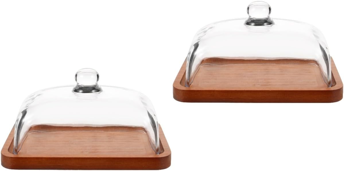 IMIKEYA 2pcs Butter Wood Dish Glass Cover Rectangular Butter Container Reusable Tray Cheese Holder for Home Tableware and Outdoor Events Deep Wood Finish