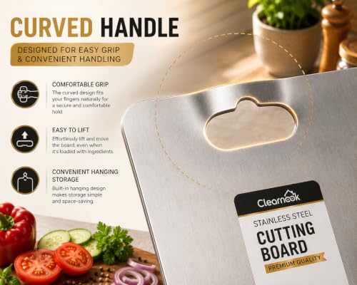 Image of Stainless Steel Chopping Board Large (1 Year Warranty) with Curved Handle (35 x 25 cm) | Steel Cutting Board for Kitchen | Vegetable Cutting Board | Rust Proof Metal Chopper Board