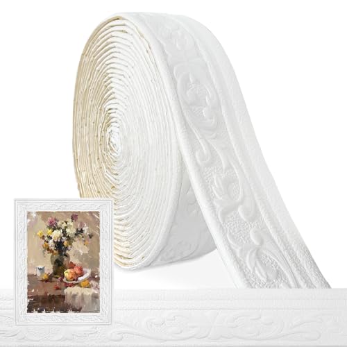 Stuckleisten Decke Bordüre Selbstklebend Weiß - 8cm(B)x5mm(D)x10m(L) - 3D Zierleisten Selbstklebende Stuckleisten Wand Wasserdicht Wandbordüre Leisten Selbstklebend für Ecken Linien Flur Decke