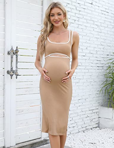 Funjuly Womens Maternity Cutout Tank Dress Summer Casual Sleeveless Side Slit Ribbed Bodycon Party Midi Dress For Baby Shower Khaki M #TOP1