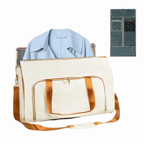 Duff Travel Bag, Convertible Duffel Suit Carrier, Wrinkle-Free Storage for Men's Suits & Women's Evening Gowns, Foldable Hanging Garment Organizer (Beige,21.5x11x13 inch)