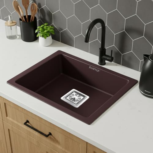 Image of BASINQU Quartz Kitchen Sink 21x18x9 Inches Quartz Brown | Granite Sink For Kitchen Basin UV Protected, Granite Scratch Resistant, Undermount /Topmount Kitchen Sinks
