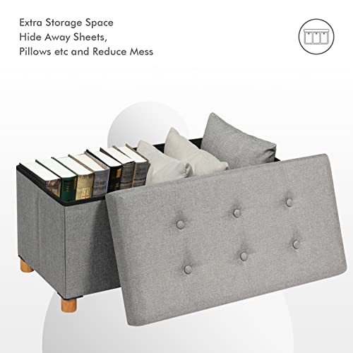 Pinplus Folding Ottoman Coffee Table With Wooden Legs, Grey Ottoman With Storage, Large Linen Ottoman Foot Rest Toy Chest With Tray, End Of Bed Bench For Living Room Bedroom Kids Room, 30"X 15"X 15" #TOP5