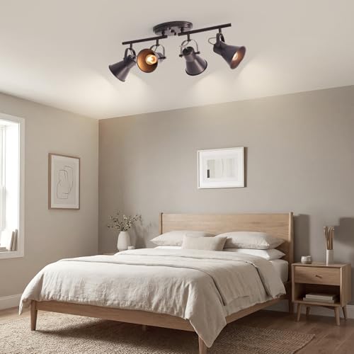 Image of 4-Light Brown Track Lighting Fixtures Ceiling, Directional Ceiling Spotlight with 4 Rotatable Heads, Modern Industrial Flush Mount Ceiling Light for Kitchen Island, Dining Room, Hallway