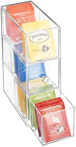 mDesign Kitchen Organiser with 3 Drawers  Storage Box for Tea Bags, Coffee Capsules, Sweeteners and More  Plastic Tea Chest  Set of 2  Clear
