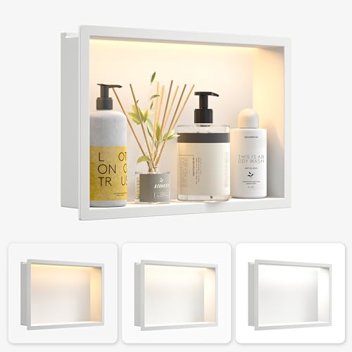 Bernkot Led Shower Niche 18" X 12" White Recessed Stainless Steel Niche Shower for Bathroom Wall No Tile Needed Niches with Dimmable LED Lighting 3000K/4000K/6000K IP66 Waterproof by Bernkot - Used condition - US$81.58