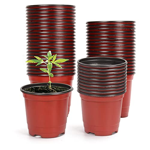 Atoke 50 Pack Thick Plastic Plant Pots 10cm Seed Starting Pot Flower Pot Plant Container for Seedlings Vegetables Succulents Brown