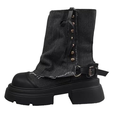 COVOYYAR Women's Denim Fold Over Mid-Calf Boots Zipper Lock Platform Wedge Heel Autumn Winter Boots (black,8,8) Cover
