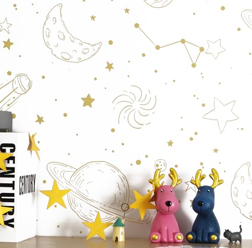 GloryTik Peel and Stick Wallpaper White and Gold Contact Paper Modern Waterproof Self Adhesive Wall Paper for Bedroom Cabinet Star/Moon Kids Wallpaper Vinyl Rolls 16.14'x78.7'